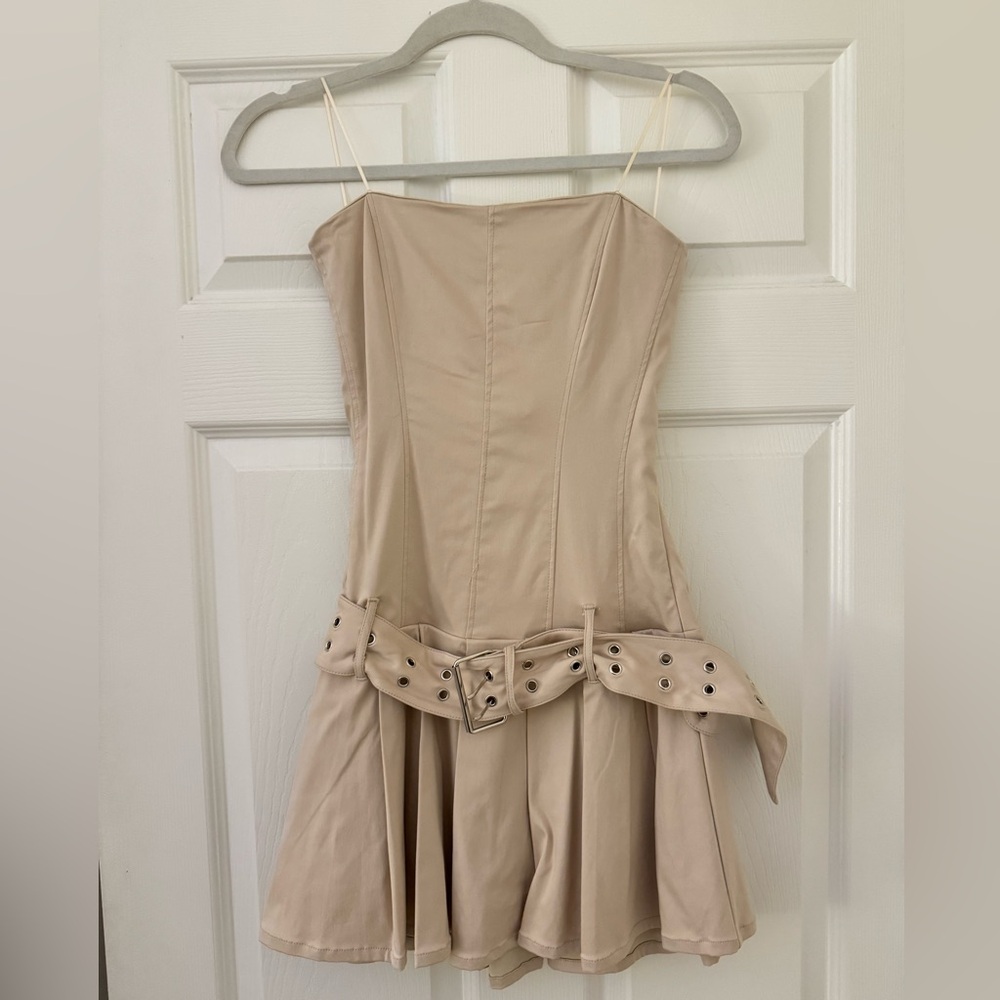 strapless beige mini dress